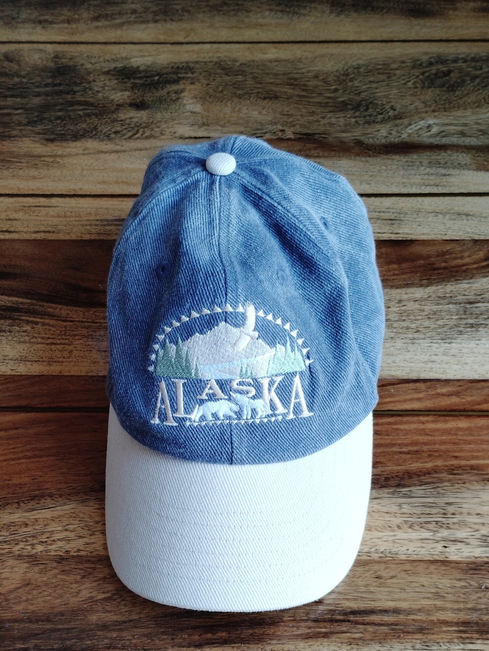 Alaska Embroidered Two Tone Denim Dad Hat - Blue & Light Beige